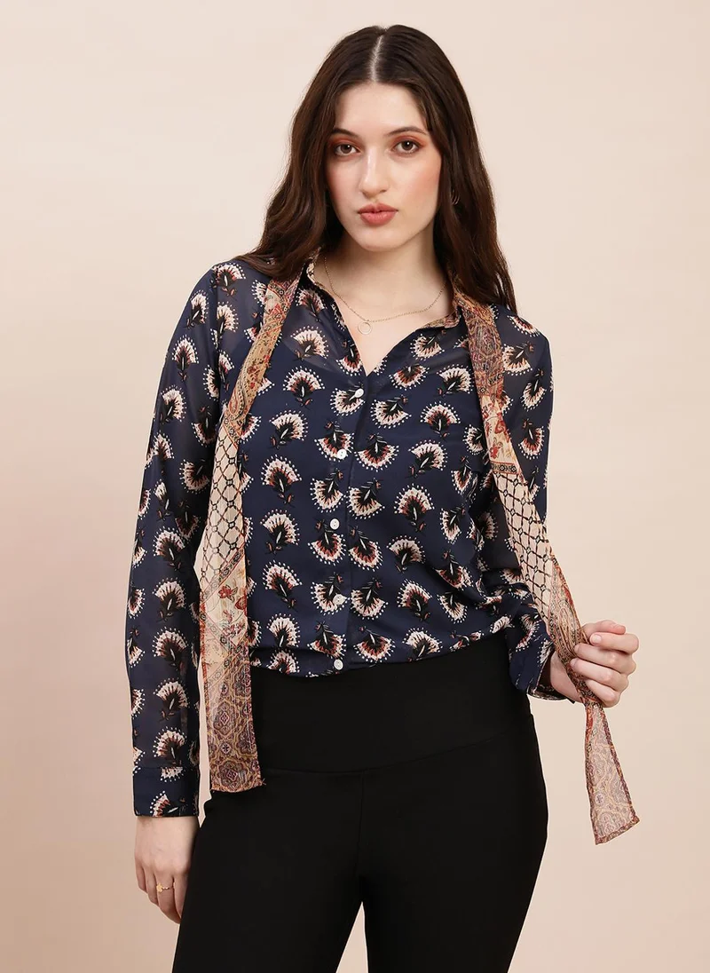 جلو باص Globus Women Blue Collared Neck Tie Detail Cuffed Sleeves Abstract Print Georgette Shirt